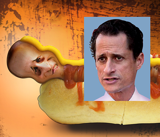 caricature of Congressman Anthony Weiner as a hot dog compared to an actual photo of Anthony Weiner