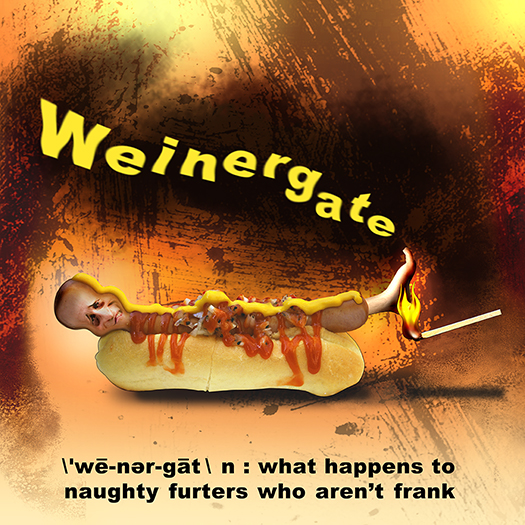 Weinergate illustration with Congressman Anthony Weiner depicted as a hot dog in a bun with a flaming match keeping his feet to the fire