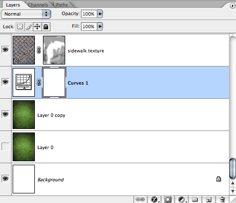 photoshop layers window showing how layer mask was used to selectively blend the concrete texture with the green texture below it