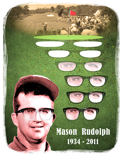 tribute to pro PGA golfer Mason Rudolph showing golf green sand traps morphing into his trademark thick-framed glasses with 1960s era golf tournament photo in background