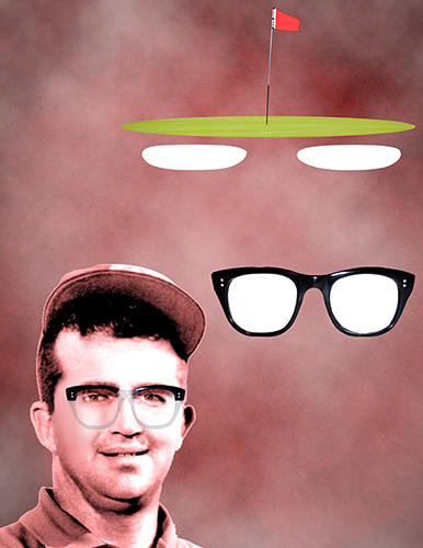 Mason Rudolph trubute illustration showing PGA golf professional, thick-framed glasses, and golf green and flag