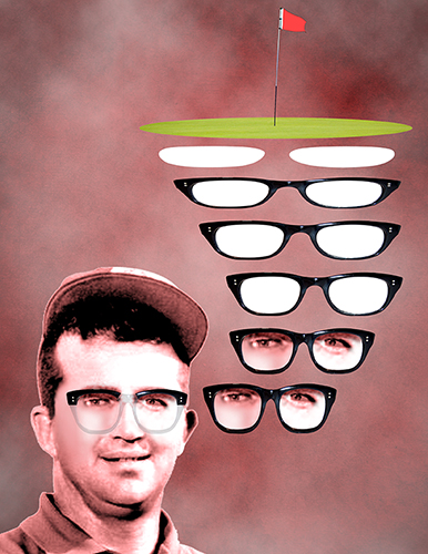 Mason Rudolph tribute illustration showing golf course sand traps morphing into thick-framed glasses with eyes