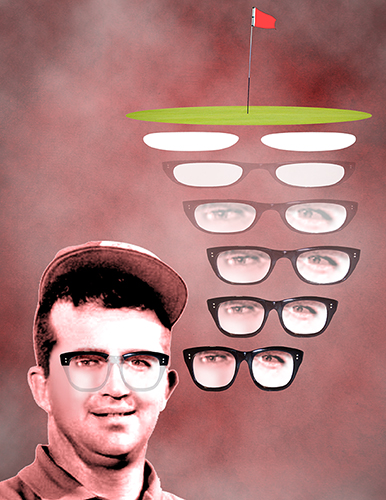 Mason Rudolph tribute illustration showing golf course sand traps morphing into thick-framed glasses with eyes