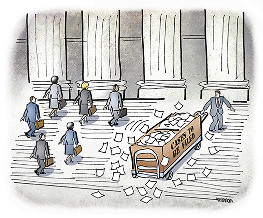 illustration for Massachusetts Lawyers Weekly showing a man pulling a huge crate of case files up steps of a courthouse prior to filing corresponding lawsuits hoping to make money from the lawsuits