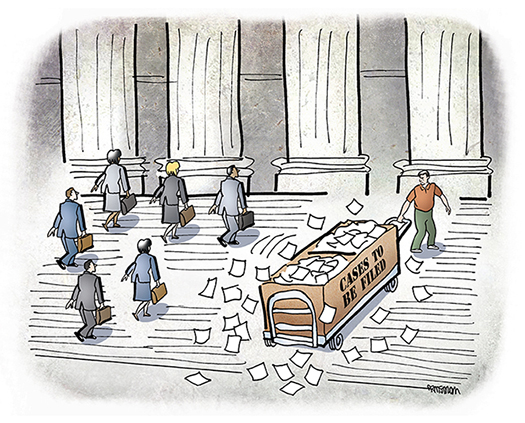 illustration for Massachusetts Lawyers Weekly showing a man pulling a huge crate of case files up steps of a courthouse prior to filing corresponding lawsuits hoping to make money from the lawsuits