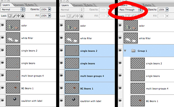 Photoshop layers window comparison showing how to select and group layers and how group is initially given a blending mode of Pass Through