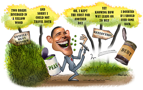 President Obama kicking can representing federal debt down the road in hopes of winning reelection rather than try to enact entitlement reform with Robert Frost poem in background