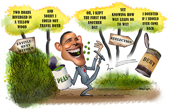 President Obama kicking can representing federal debt down the road in hopes of winning reelection rather than try to enact entitlement reform with Robert Frost poem in background