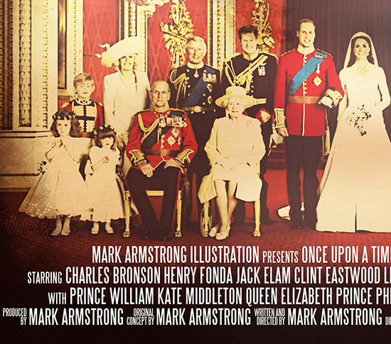 Sergio Leone movie poster parody Once Upon A Time At Westminster Cathedral showing spaghetti western gunslingers wearing wedding bonnets at Prince William-Kate Middleton royal wedding, closeup view of movie credits at bottom of poster