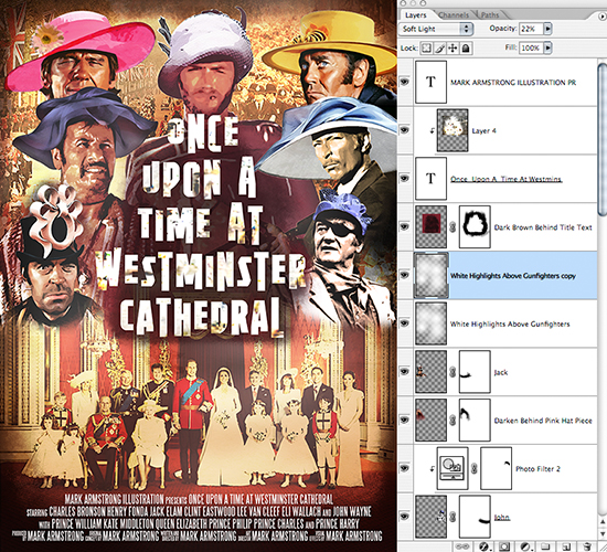 Sergio Leone movie poster parody Once Upon A Time At Westminster Cathedral showing spaghetti western gunslingers wearing wedding bonnets at Prince William-Kate Middleton royal wedding