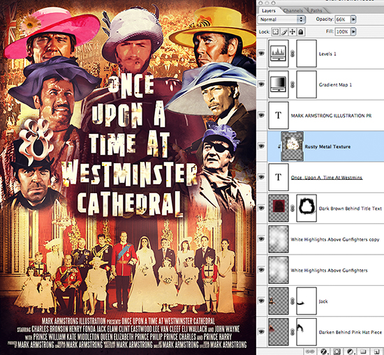 Sergio Leone movie poster parody Once Upon A Time At Westminster Cathedral showing spaghetti western gunslingers wearing wedding bonnets at Prince William-Kate Middleton royal wedding, with movie credits added at bottom using SteelTongs font