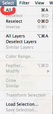 Photoshop pop-down menu showing need to Select All before one can proceed with using the Copy Merged command