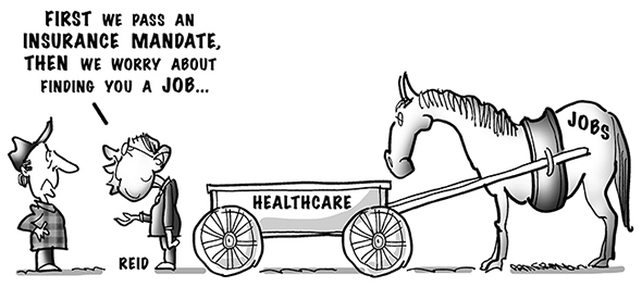 political cartoon for congress daily about how Harry Reid and Democrats put healthcare mandate before creation of jobs