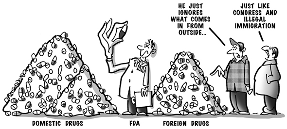 political cartoon for congress daily about the federal drug administration and their approach to imported drugs