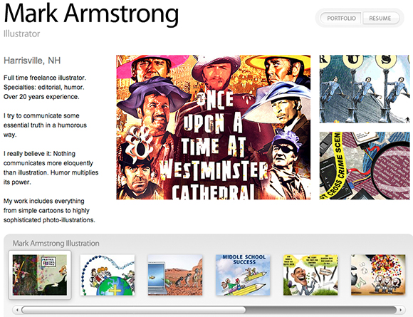 Mark Armstrong Illustration portfolio at Krop.com showing 10 image thumbnails and short bio