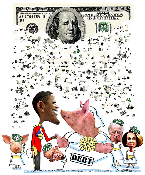 parody of royal wedding showing President Obama as Prince William marrying pig representing national debt with Joe Biden, Nancy Pelosi, Harry Reid as bridesmaids and money confetti