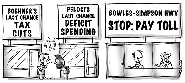 political cartoon for congress daily about Republicans and Democrats bickering over tax increases and spending cuts with federal debt commission saying both are needed