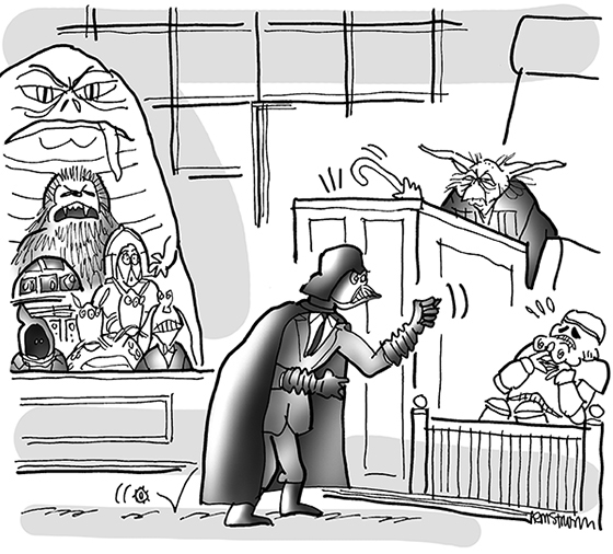 Darth Vader as lawyer choking Stormtrooper witness with Yoda as judge and jury made up of Jabba the Hut, C-3PO, R2-D2, Chewbacca, and other Star Wars aliens and characters