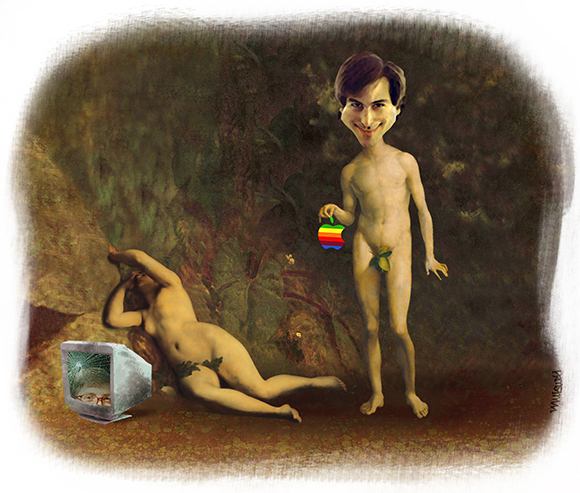 Steve Jobs tribute showing him with Apple logo in Garden of Eden with Eve and computer monitor with Bill Gates face