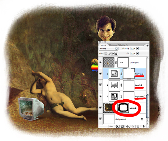 background element layers merged in Steve Jobs Garden of Eden image and layer mask used to create ragged edge border