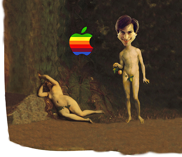 Steve Jobs Adam figure pasted into Garden of Eden scene, followed by pasting in old Mac apple logo