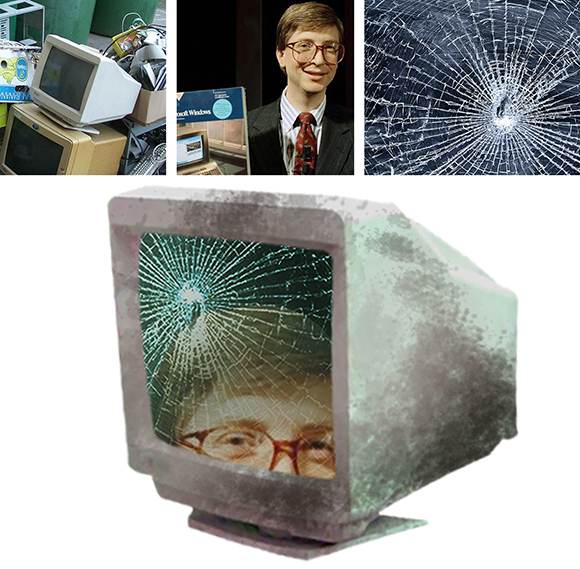old pc computer monitor, young Bill Gates, and cracked glass photos combined to create dirty old computer monitor displaying Bill Gates face on cracked glass screen