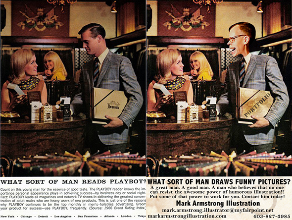 side by side comparison of original old magazine print ad for Playboy Magazine asking what sort of man reads Playboy and doctored version with illustrator Mark Armstrong caricature inserted