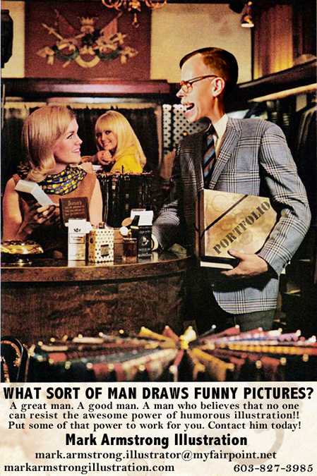 old magazine print ad for Playboy Magazine asking what sort of man reads Playboy with illustrator Mark Armstrong holding coffee-stained portfolio and getting admiring glances from two beautiful women