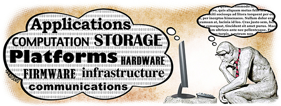 finished photo illustration of cloud computing concept with ones and zeroes, hardware and software terminology, thought balloons, computer and keyboard, and Rodin's The Thinker wearing eyeglasses and a tie