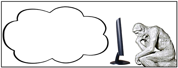 partially completed photo illustration showing cloud computing thought balloon, Rodin's The Thinker sculpture, and a computer and monitor