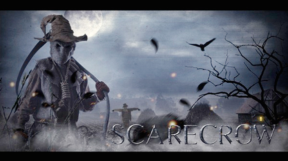 Photo illustration showing creepy scarecrow with noose and scythe in spooky foggy cornfield at night with moon