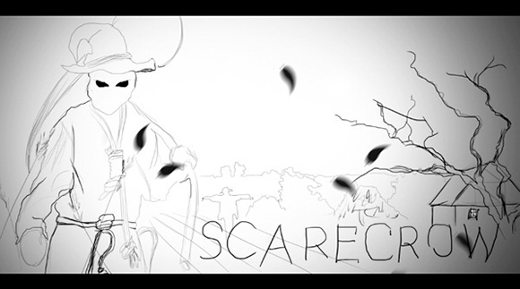 initial rough sketch for photo illustration showing creepy scarecrow with noose and scythe in spooky foggy cornfield at night with moon