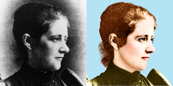 Old dark blemished B&W photo of children's author and illustrator Beatrix Potter before and after it was cleaned up, corrected, colorized, and pasted onto new background after hair extraction