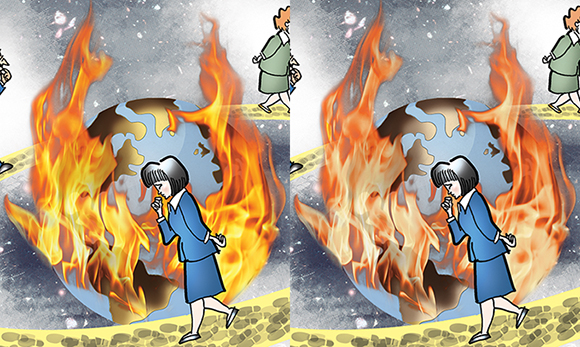 before and after images showing how the color of burning flames was altered by means of a Photoshop color adjustment which reduced the saturation of the red and especially the yellow to accommodate CMYK color space