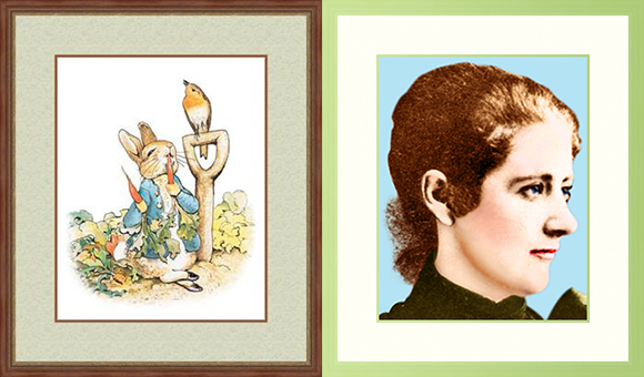 Colorized photo of children's author and illustrator Beatrix Potter inserted into photo frame with matte