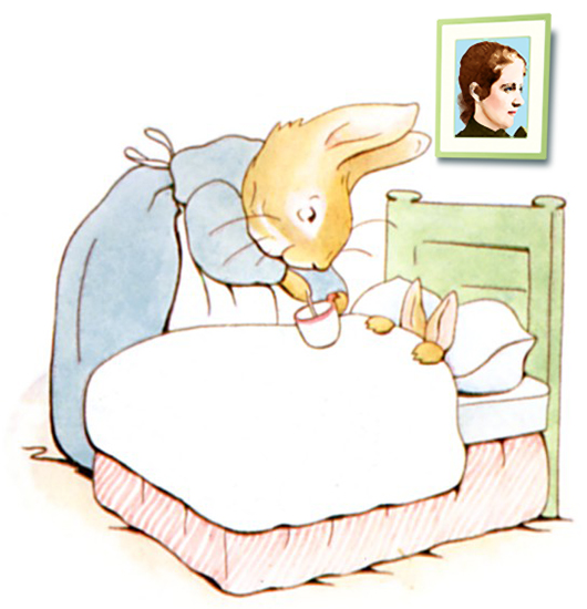Colorized framed photo of children's author and illustrator Beatrix Potter inserted into an original illustration from her first book, The Tale Of Peter Rabbit