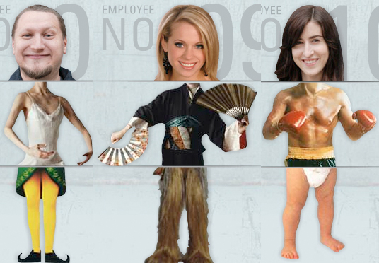 Three employees at Rusty George Creative from website which flips their heads, torsos, and legs so that their bodies are mixed up into thirds with different costumes and poses looking silly and funny