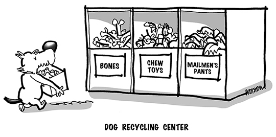 B&W cartoon of dog bringing old bones, chew toys, and mailman's pants to recycling center