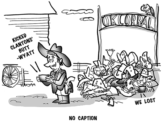 B&W cartoon showing marshal Wyatt Earp text messaging his victory over the Clanton Gang at the OK Corral