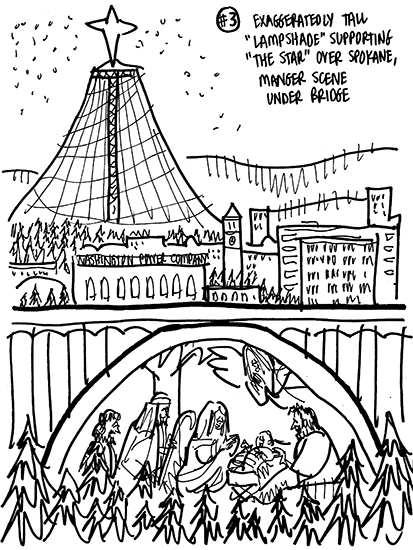 rough sketch for Christmas cover for Inland Register, diocesan Catholic newspaper for Spokane, Washington, showing Spokane cityscape with Lampshade Christmas tree and manger scene under bridge