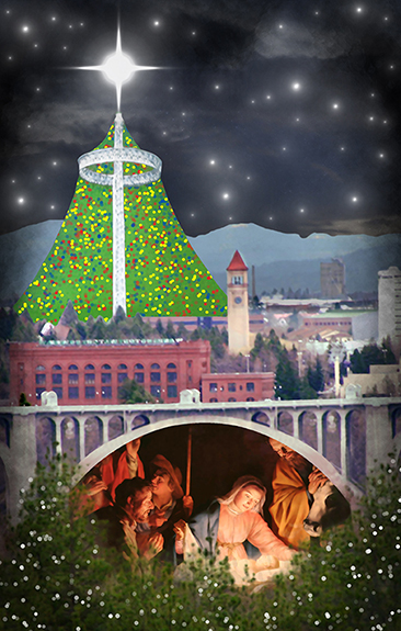 Christmas cover for Inland Register, diocesan Catholic newspaper for Spokane, Washington, showing Spokane cityscape with Lampshade Christmas tree and manger scene under bridge