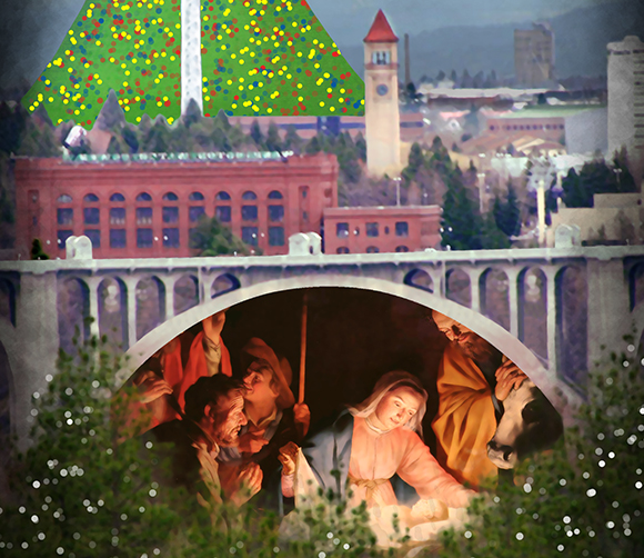 Detail image from Christmas cover for Inland Register, diocesan Catholic newspaper for Spokane, Washington, showing Spokane cityscape with Lampshade Christmas tree and manger scene under bridge