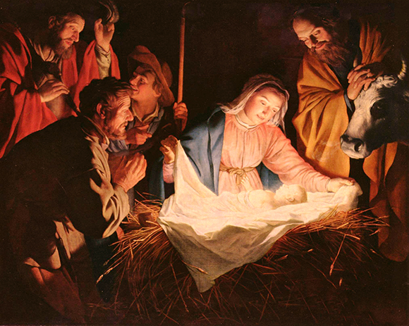hue and saturation color adjustment for the painting "Adoration of the Shepherds" (1622) by Dutch painter Gerard van Honthorst which is now in the public domain