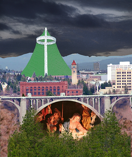 insert Nativity painting into Christmas cover for Inland Register, diocesan Catholic newspaper for Spokane, Washington, showing Spokane cityscape with Lampshade Christmas tree and manger scene under bridge