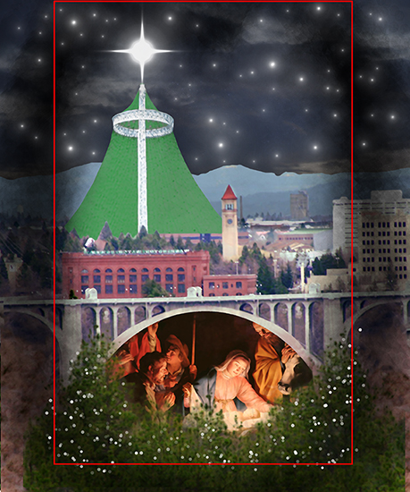 darken edges, insert stars in night sky, and add bokeh lights to pine tree in Christmas cover for Inland Register, diocesan Catholic newspaper for Spokane, Washington, showing Spokane cityscape with Lampshade Christmas tree and manger scene under bridge