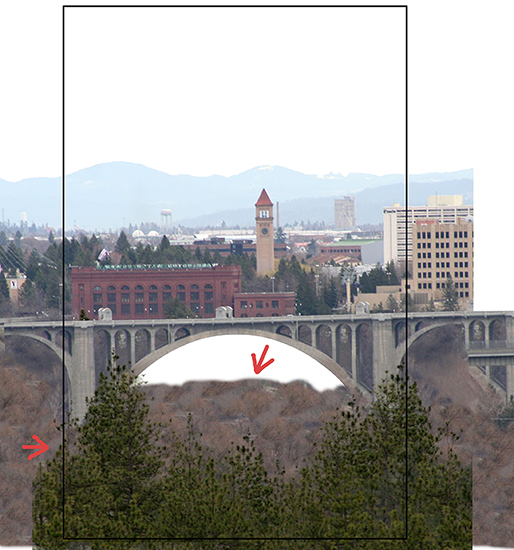 how pine trees and scrub brush were cloned and used in Christmas cover for Inland Register, diocesan Catholic newspaper for Spokane, Washington, showing Spokane cityscape with Lampshade Christmas tree and manger scene under bridge
