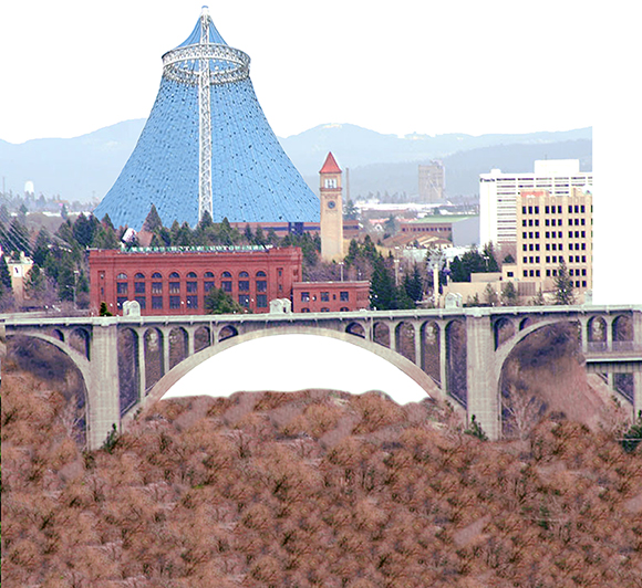 Lampshade inserted into Christmas cover for Inland Register, diocesan Catholic newspaper for Spokane, Washington, showing Spokane cityscape with Lampshade Christmas tree and manger scene under bridge