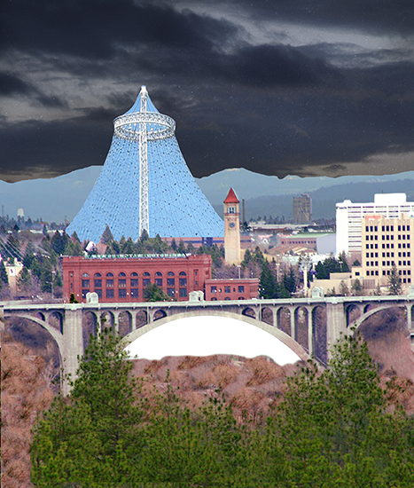 Night sky inserted into Christmas cover for Inland Register, diocesan Catholic newspaper for Spokane, Washington, showing Spokane cityscape with Lampshade Christmas tree and manger scene under bridge
