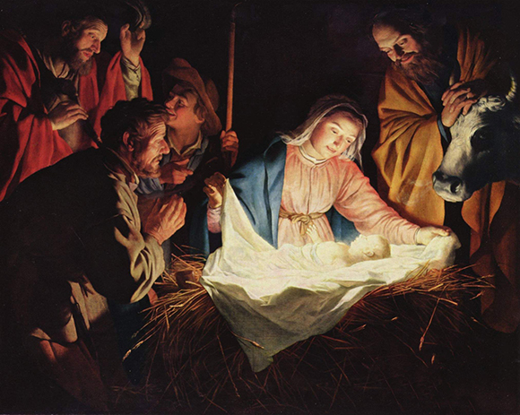 the painting "Adoration of the Shepherds" (1622) by Dutch painter Gerard van Honthorst which is now in the public domain