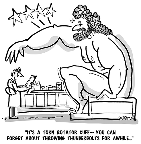 B&W cartoon of doctor telling Greek god Zeus that he has torn rotator cuff and will have to stop throwing lightning bolts for awhile